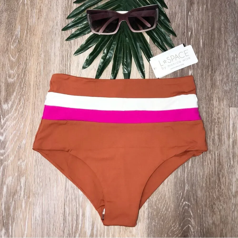 L*Space Portia High Waist Bikini Bottom in Amber Bougainvillea Cream Sma…